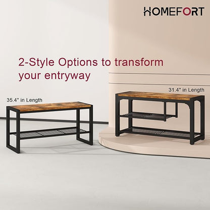 HOMEFORT Shoe Bench,3 Tiers Shoe Rack Bench,31.5" Shoe Storage Bench for Entryway, Retro Industrial Entry Bench with Mesh Shelves and Boot Storage,for Front Door Entrance, Rustic Brown