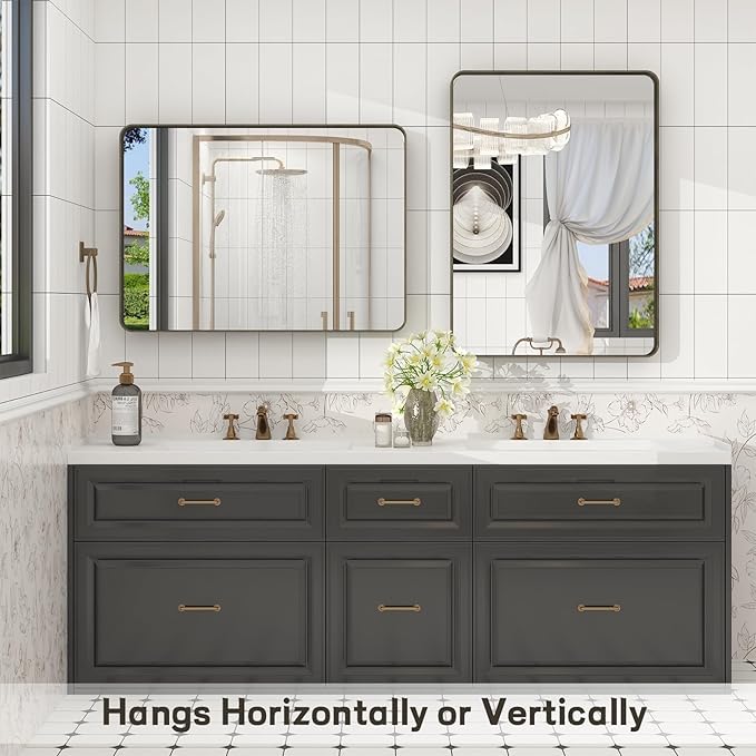 30x36 Inch Bronze Framed Bathroom Mirror, Brushed Bronze Metal Vanity Mirror, Bronze Rectangle Mirror for Wall, Rounded Corner, Anti-Rust, Shatterproof (Horizontal/Vertical)