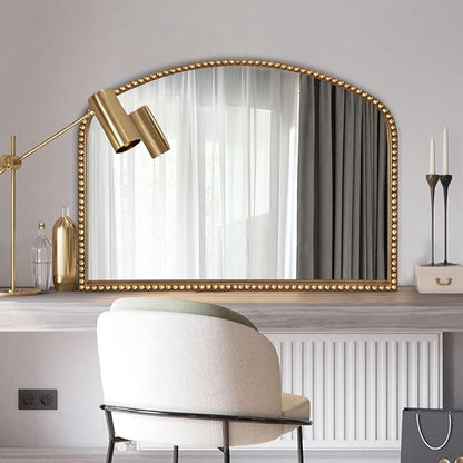 Vanity Mirror for Bedroom, 35" x 28" Large Arch Vintage Gold Wall Mirror, Beaded Frame Decorative Accent Mirrors for Washroom, Living Room, Entryway, Bathroom, Fireplace