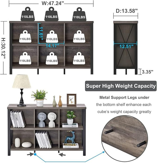 FATORRI Rustic 6 Cube Storage Organizer with Shelf, Wood and Metal Cubby Bookcase, Industrial Horizontal Bookshelf for Living Room, Home Office (Walnut Brown, 47 Inch)