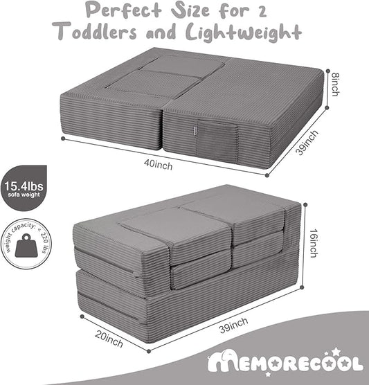 MeMoreCool Modular Kids Couch, Corduroy Play Toddler Couch for Bedroom Playroom Furniture, Convertible Foam Kids Sofa Bed, Fold Out Baby Sofa for Girl Boy, Light Grey
