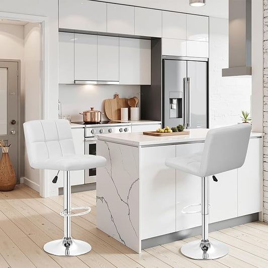 BestOffice Bar Stools Set of 2, Adjustable PU Leather Swivel Barstools, Modern Counter Stools with Back and Footrest, Counter Height Barstools for Bar, Kitchen and Dining Room