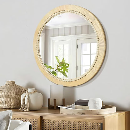ULIKE Round Rattan Mirror, Bathroom 30 Inch Rustic Farmhouse Wall Decor with Handmade Wicker Frame, Boho Mirror for Nursery Bedroom Living Room Entryway