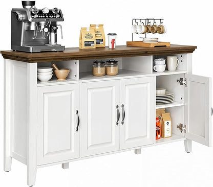 Marsail Sideboard Buffet Cabinet with Storage, 55" Farmhouse Kitchen Buffet Bar Table 4 Door Storage Cabinets for Dining Room Furniture, Brown & White