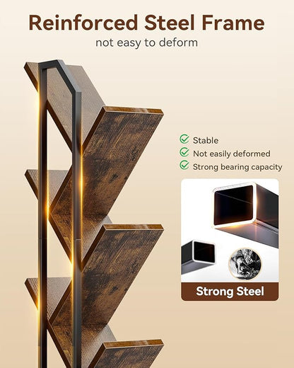 Casaottima 6-Tier Tree Bookshelf — Narrow Floor Standing Bookcase, Tall Steel & Wood Book Organizer Shelf with Cabinet, Home Decor for Living Room/Bedroom/Home Office, Vintage