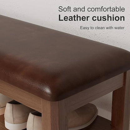 Shoe Bench with Leather Cushion, 3 Tiers Shoe Storage Bench Height Adjustable, Walnut Wood Entryway Bench for Hallway, Mudroom
