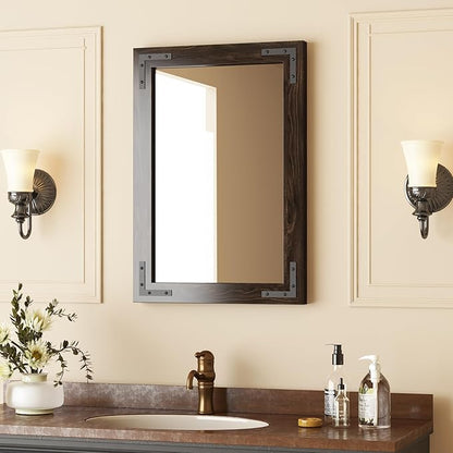 VocalStar Black Wood Framed Mirror 18 x 26 Inch, Rustic Natural Black Wooden Rectangle Bathroom Vanity Wall Mirror for Farmhouse Boho Decor, 1/4-inch Shatterproof Glass | Waterproof