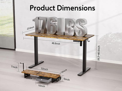 48x24 Inches Electric Standing Desk With Drawer and Monitor Stand, Height Adjustable for Home Office, Ergonomic Sit to Stand With Phone Holder, 3 Hooks, Rustic Brown
