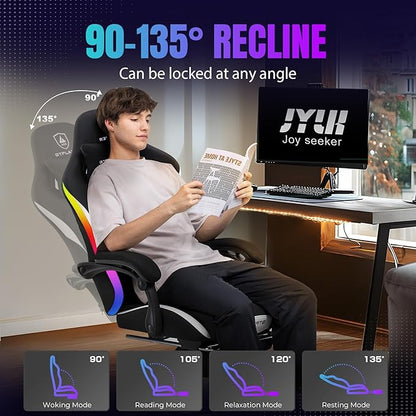 GTRACING Gaming Chair with Foot Rest & Racing Style RGB LED Lights, Breathable Fabric for Home Office Desk, Ergonomic High Back Computer Chair with Headrest & Lumbar Support, RGB Black