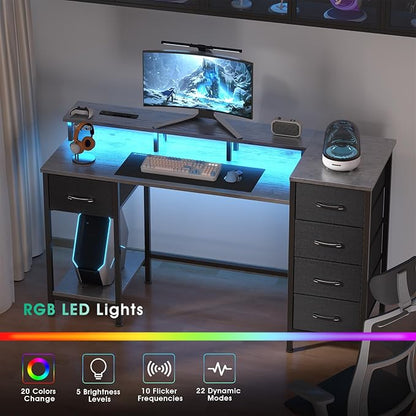 55 Inch Computer Gaming Desk with Power Outlets LED Lights, Reversible Home Office with Adjustable Fabric Storage Drawers for Working Writing Study, Grey
