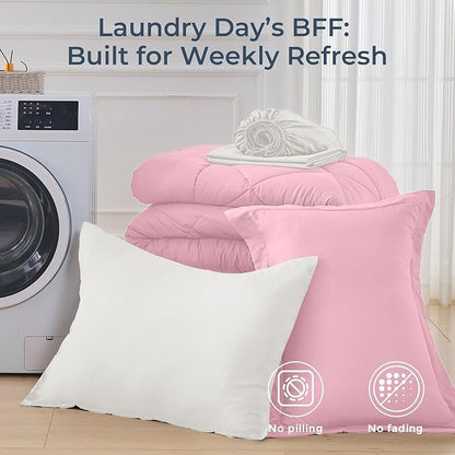 HEVUMYI Twin Comforter Set - 5-Piece All Season Bed in a Bag Twin, Ultra Soft Bedding Set with Comforter, Flat Sheet, Fitted Sheet, Pillowcases, Pillow Shams, Pink & Ivory