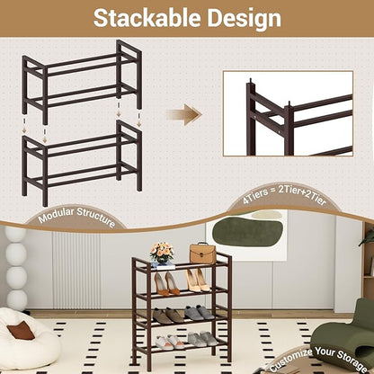Haddockway Bamboo Shoe Rack for Closet, Free Standing Shoe Organizer with Smooth Round Rods & Convenient Handles, Stackable Shoe Storage Shelf for Entryway, Hallway(Brown, 4-Tier(Small))