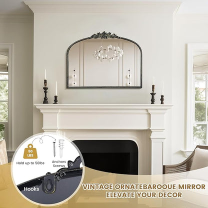 WallBeyond Black Antique Arched Vintage Wall Mirror, 24x32 Inch, Iron Frame, Bathroom, Living Room, Entryway