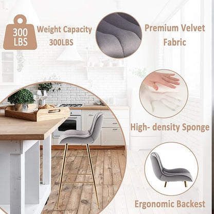 Sidanli Gold Bar Stools Set of 2, 29” Velvet Barstools, Kitchen Chairs for Counter Height with Back and Footrest, Gray