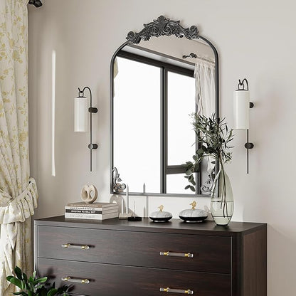 26x38 inch Vintage Arched Bathroom Mirror - Gorgeous Wall Vanity Mirror with Beautiful Retro Top and Bottom Engraving Process Frame for Entryway Hallway Living Room, Black
