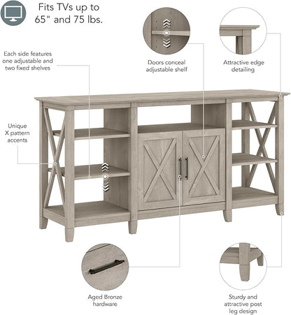 Bush Furniture Key West Tall TV Stand for 65 Inch TV in Washed Gray, Farmhouse Entertainment Center with Storage
