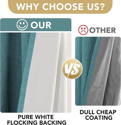 H.VERSAILTEX Primitive Linen Curtains 100% Blackout Curtain Drapes Burlap Fabric Curtains with White Thermal Insulated Liner, Grommet Top Drapes Living Room/Bedroom (2 Panels, 42 x 63 Inch, Teal)