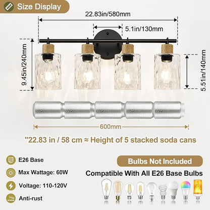 2025 Upgrade Bathroom Light Fixtures, 4-Light Coastal Vanity Lights with Crystal Glass Shade, Black Bathroom Wall Lamp for Mirror Kitchen Hallway Cabinet
