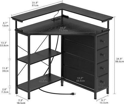 Corner Desk with Drawers Shelves for Small Space 90 Degrees Triangle Computer Desk with Power Outlets,Gaming Desk with LED Lights Monitor Stand for Home Office Workstation Writing Table (Black)