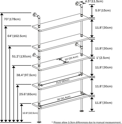 5 Tier Industrial Ladder Shelf Bookcase, Wall Mounted Wood Metal Pipe Rustic Bookshelf for Living Room (Weathered Brown, 10" D x 36" W x 70" H)