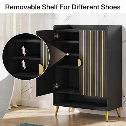 Tribesigns Shoe Cabinet with Doors, 7-Tier Shoe Storage Cabinet with Adjustable Shelves, Wooden Shoes Rack Shoe Storage Organizer for Entryway, Hallway, Closet, Living Room, Black