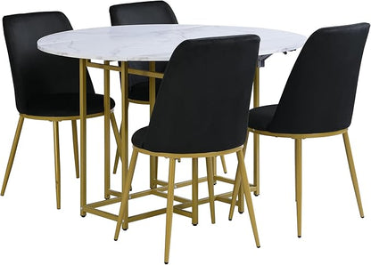 Ball & Cast Space-Saving 5-Piece Extendable Kitchen Dining Table Set w/ 4 Upholstered Chairs,Round Faux Marble Top with Golden Frame,Compact Foldable Design,for Small Spaces,White+Black