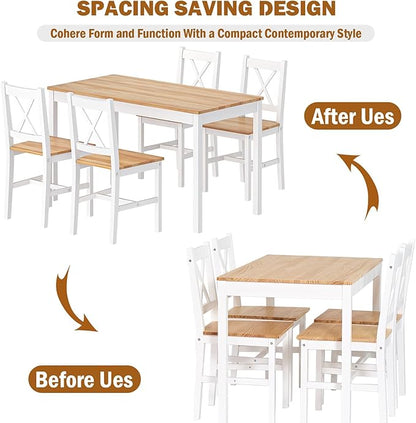 soges Dining Table Set for 4, 42.5 inch Pine Wood Dining Room Table with 4 Chairs, 5-Piece Kitchen Table Chairs Set for Small Space, Apartment, Dinette, Breakfast, White & Oak