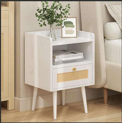 Nightstand Rattan with Charging Station, Mid Century Modern Bed Side Table, Boho End Table with Wood Legs, Bedside Tables for Bedroom Living Room (2, White, 11.8" D x 15.9" W x 23.4" H (1 Drawers))