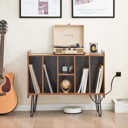 Large Brown Record Player Stand with Vinyl Storage, Power and USB Port, Holds Up to 200 Albums, Turntable Stand with Record Storage Cabinet
