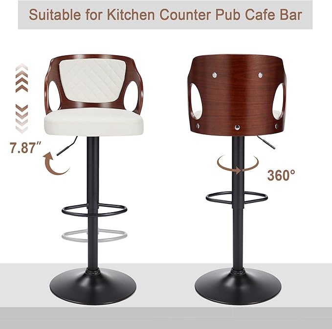 VECELO BarStools Set of 2,Counter Height Stools with Bentwood Back&Arm, Swivel Barstools,PU Leather Kitchen Island Stools, Adjustable Height Bar Chairs for Club Pub Dining Room,Pearl White