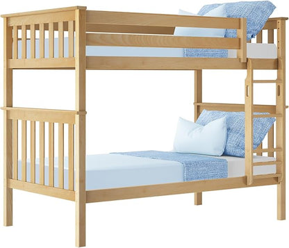 Max & Lily Bunk Bed Twin over Twin, Solid Wood Bunk Bed Frame with Ladder for Kids, 14" Safety Guardrails, Easy Assembly, No Box Spring Needed, Natural