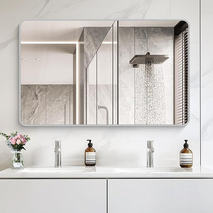 48x30 Inch Silver Bathroom Mirror, Metal Framed Silver Rectangle Mirrors, Rounded Rectangular Vanity Mirror, Wall Mounted Mirrors for Living Room Bedroom Entryway Hangs Horizontal or Vertical