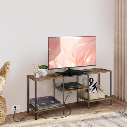 BTY Rustic TV Stand with Storage, 50 inch TV Console Table with Charging Station 3 Tier Small Entertainment Center for Bedroom, Living Room, Brown