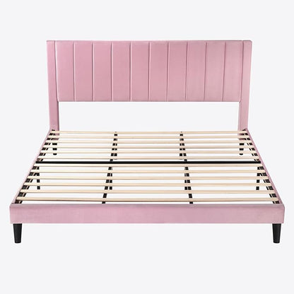SHA CERLIN King Bed Frame/Velvet Upholstered Platform Bed Frame with Headboard/Strong Wood Slats Support/Mattress Foundation/No Box Spring Needed - Pink