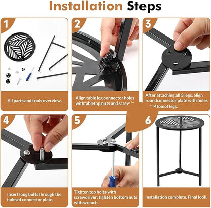 2 Packs 13" Small Metal Side Tables Indoor Black Outside End Table for Outdoor Patio Round Accent Garden Corner Stand for Small Spaces Weather-Resistant Coffee Table for Balcony Porch Plant Stand