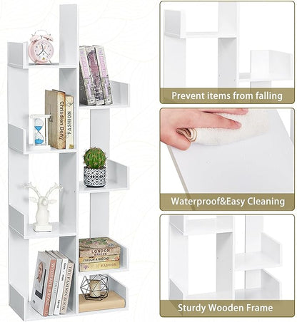 VECELO 8-Tier Tall Cactus-Shaped Tree Bookshelf, Vertical Bookcase with Waterproof Shelves & Rounded Corners, Modern Display Rack for Small Spaces in Living Room, Office, Bedroom, Ivory White