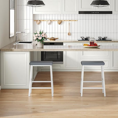 HOOBRO Bar Stools, Set of 2 Bar Chairs, PU Leather Upholstered Breakfast Stools, Easy Assembly, Suitable for Kitchen, Bar, Dining Room, White and Gray WG01MD01