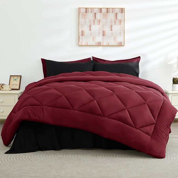 HEVUMYI Red & Black Queen Comforter Set - 7-Piece All Season Burgundy Bed in a Bag Queen, Ultra Soft Bedding Set with Comforter, Flat Sheet, Fitted Sheet, Pillowcases, Pillow Shams, Burgundy