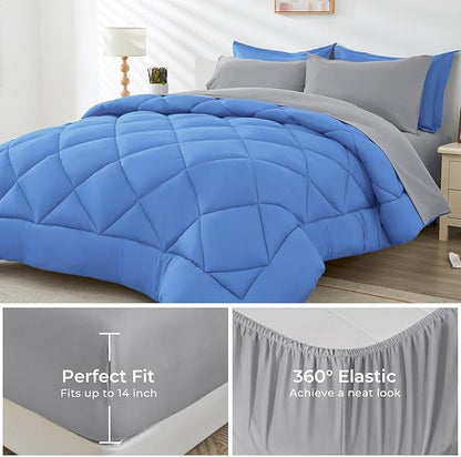 HEVUMYI Royal Blue & Light Grey Twin Comforter Set - 5-Piece All Season Bed in a Bag Twin, Ultra Soft Bedding Set with Comforter, Flat Sheet, Fitted Sheet, Pillowcases, Pillow Shams, Royal Blue