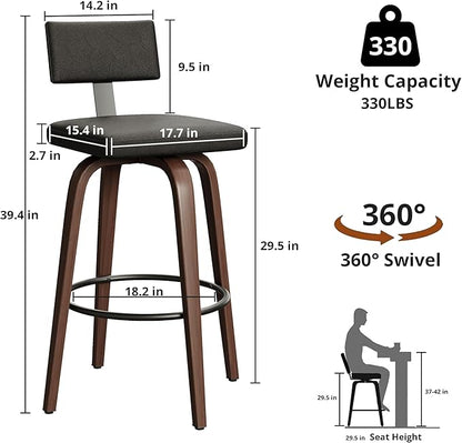 IRONCK Counter Height Bar Stools Set of 2, 29'' Faux Leather Upholstered Barstools with Back, Footrest, Wood Texture Bent Legs, Mid-Century Modern 360° Swivel Bar Stools for Kitchen Island, Black