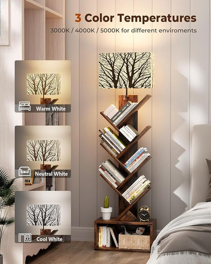 Tree Bookshelf with Light, 6 Tier Small Bookcase, Narrow Floor Standing Book Tower Organizer with Storage Cabinet for Living Room, Bedroom and Home Office, Rustic Brown