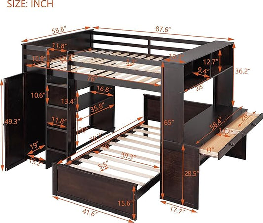 Full Size Loft Bed with Wardrobe Desk and Shelves,Solid Wood Bunk Stand-Alone Platform Bedframe,w/Safety Guardrail,for Kids Teens Adults Bedroom,Espresso