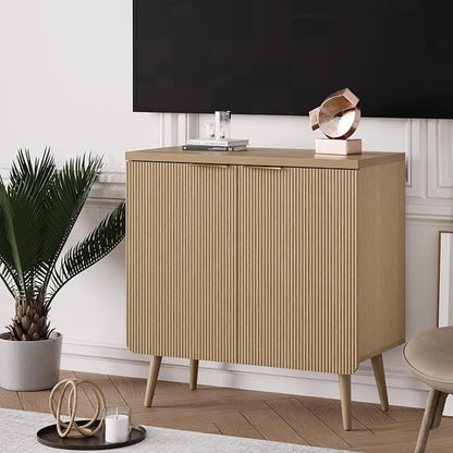 Buffet Cabinet with Storage, Wood Fluted Multifunctional Storage Cabinet with 2 Doors, Sideboard Buffet Credenzas for Living Room, Entryway, Hallway, Natual Oak