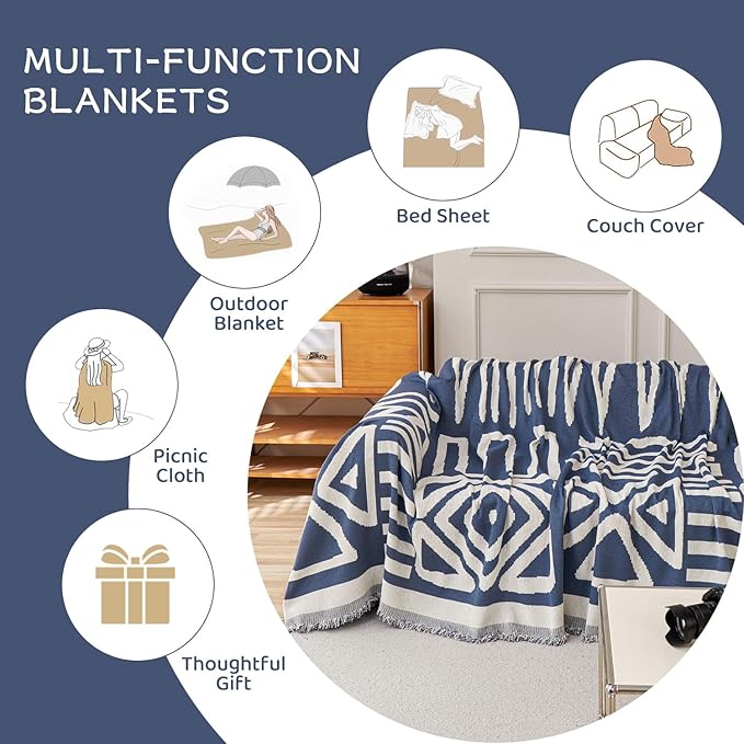 STACYPIK Boho Chenille Couch Cover, Blue Jacquard Sofa Cover for 3 Cushion Couch, Reversible Furniture Protector, Anti Slip Geometric Couch Covers for Sectional, Loveseat Cover Pet-Friendly-71X134IN