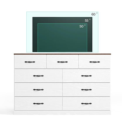 LINSY HOME 9 Drawer Dresser for Bedroom, 54" Wide Chest of Drawers, Modern TV Stand Dressers with Wood Frame and Metal Handles, Large Drawer Organizer for Bedroom, Living Room, White