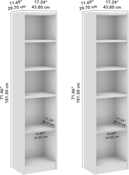 Bush Furniture Universal 17W Narrow 5 Shelf Bookcase in White - Set of 2, Matching Skinny Bookshelves for Home Office or Living Room Storage