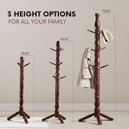 Coat Rack, Natural Wood Coat Racks with 3 Height Options and 9 Hooks,Coat Tree Ease of Assembly,Freestanding Hall Tree for Home/Office/Entryway/Hallway (Walnut)
