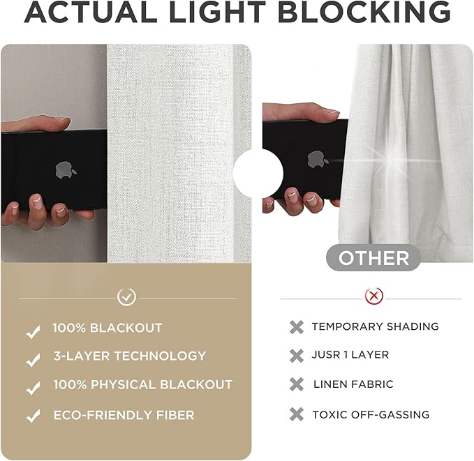 Joydeco 100% Blackout Curtains for Bedroom - Natural Linen Curtains 52" W x 120" L, Thermal Insulated 2 Panels White Light Blocking Drapes, Rod Pocket & Back Tabs, Darkening Privacy for Living Room