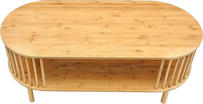 VaeFae Oval Coffee Table, Bamboo Coffee Table for Living Room, 2-Tier Wooden Farmhouse Center Table with Storage Shelf