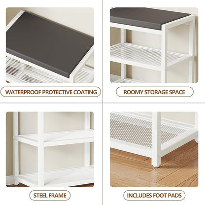 Small Shoe Bench Shoe Rack Storage Bench Entryway Bench Shoe Shelf with Seat Cushion, Stable Shoe Organizer for Entryway, Living Room, Bench Seat Holds Up to 300 lb, (18"L x 12"W x 17"H, White)
